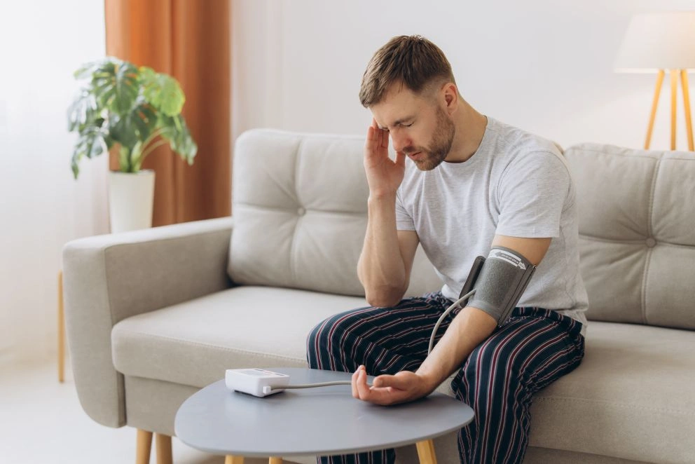 A stressed man checking his blood pressure at home
